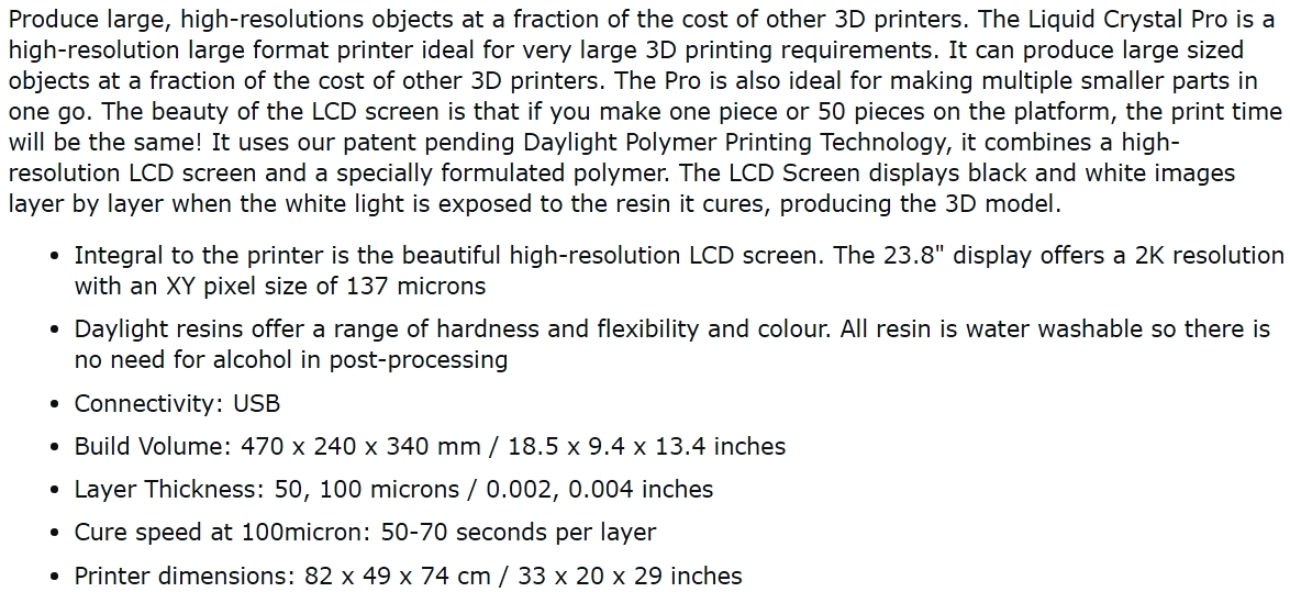 מדפסת תלת מימד PHOTOCENTRIC LIQUID PRO TEXT